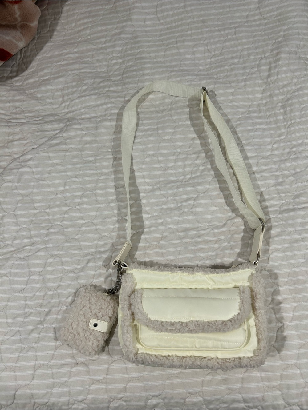 Cream Shearling-Trim Crossbody Bag with Pocket wallet Charm